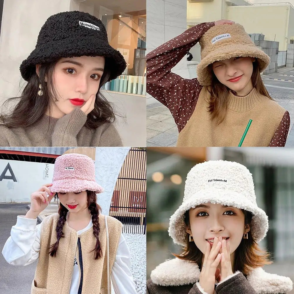 Korean Fisherman Hat Pure Color Warm Embroidered Letter Beanie Plush Light Weight Cap Unisex Casual Bucket Hat