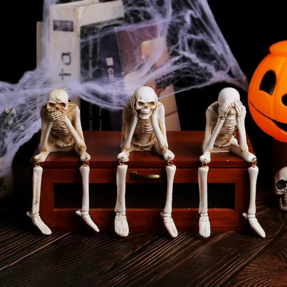 Halloween Resin Skeleton Statues See Speak Hear No Evil Figurines Skull Decor for Tabletop Bookshelf Desk Home Party Ornament