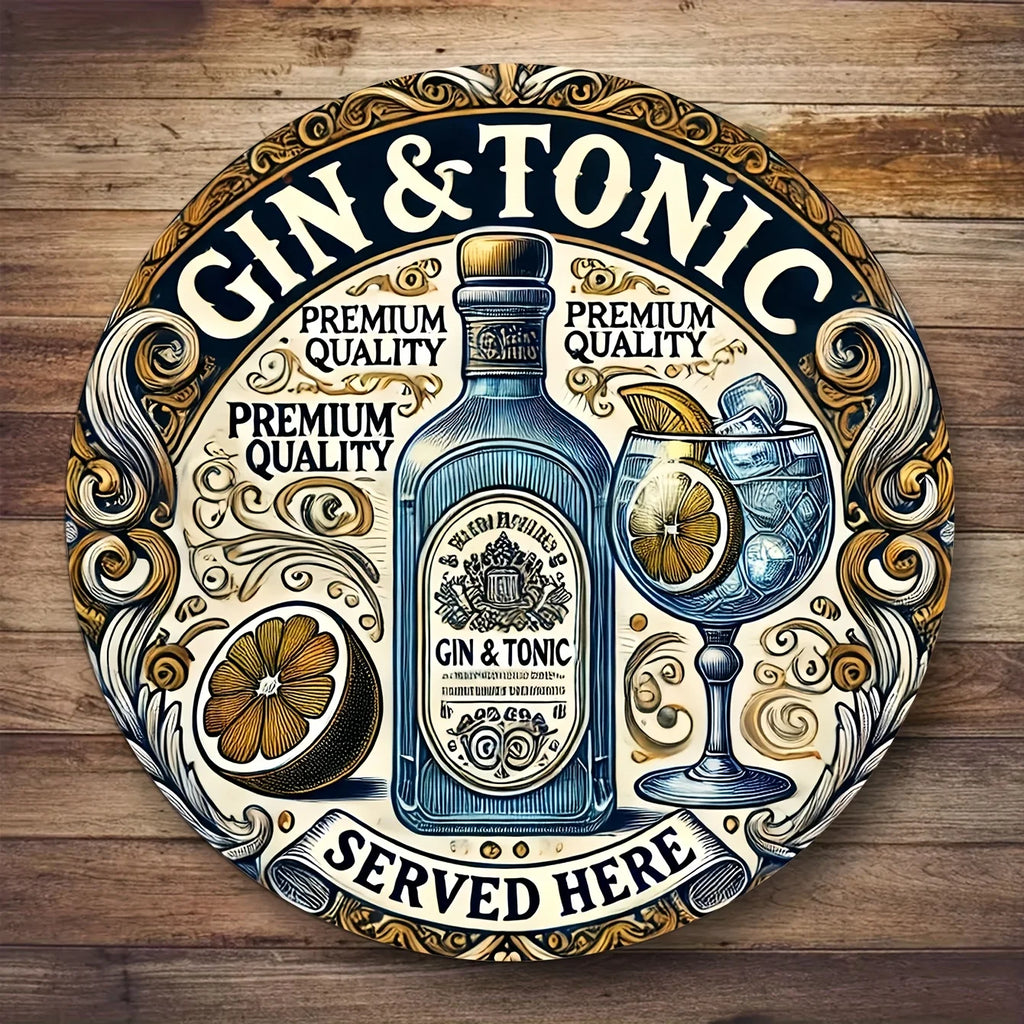 One 2D flat wooden circular sign with a retro style, "Gin and soda water are provided here" - country-style home wall decoration
