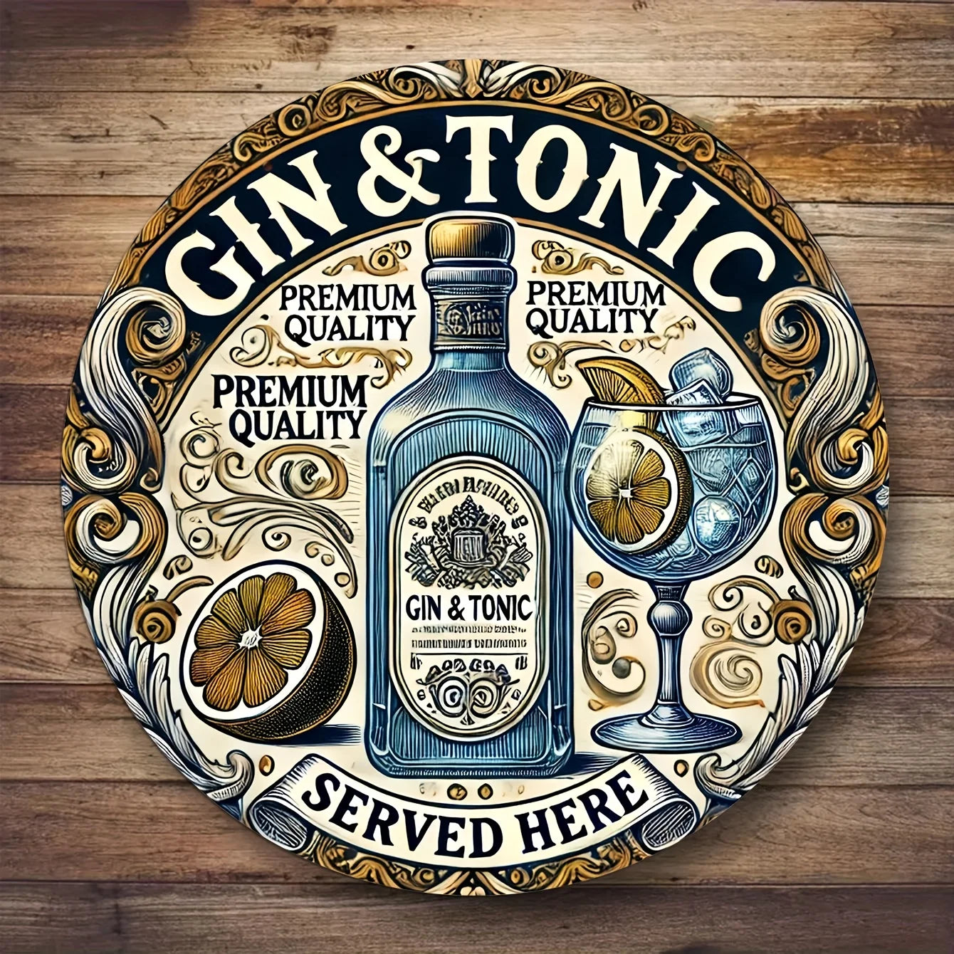 One 2D flat wooden circular sign with a retro style, "Gin and soda water are provided here" - country-style home wall decoration