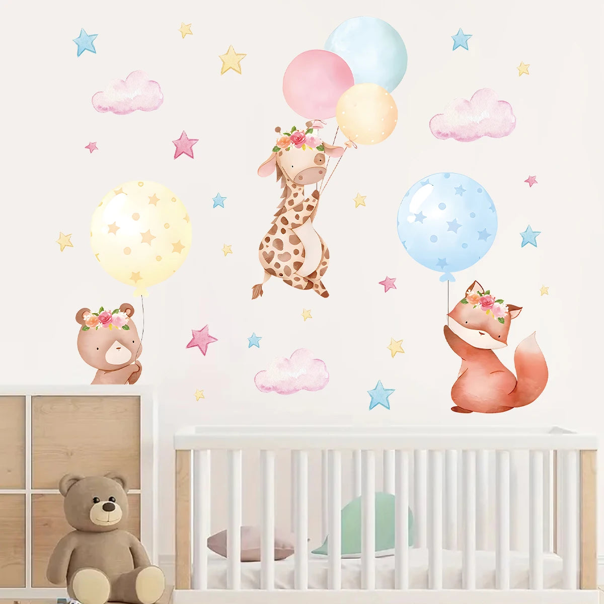 1Pc Cartoon Cute Animals Rabbit Balloon Wall Sticker Decoration for Bedroom Girls Gift Wall Art Home Decor Living Room Kids Room
