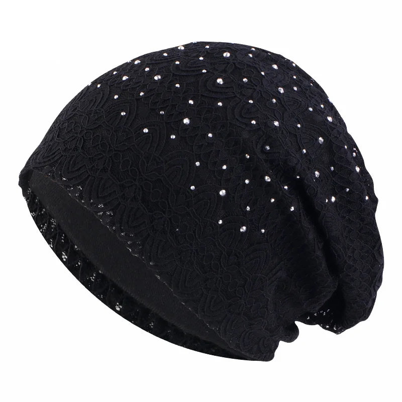 Winter Hats For Women Men Lace Rhinestone Breathable Turban Hat Windproof Warm Cap Female Beanie Hip Hop Bone Gorro Ponytail Hat