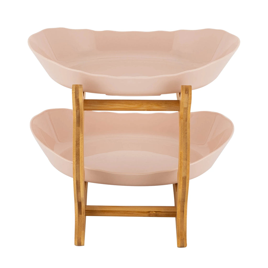 2 Tier Ceramic Fruit Bowl with Bamboo Wood Stand
