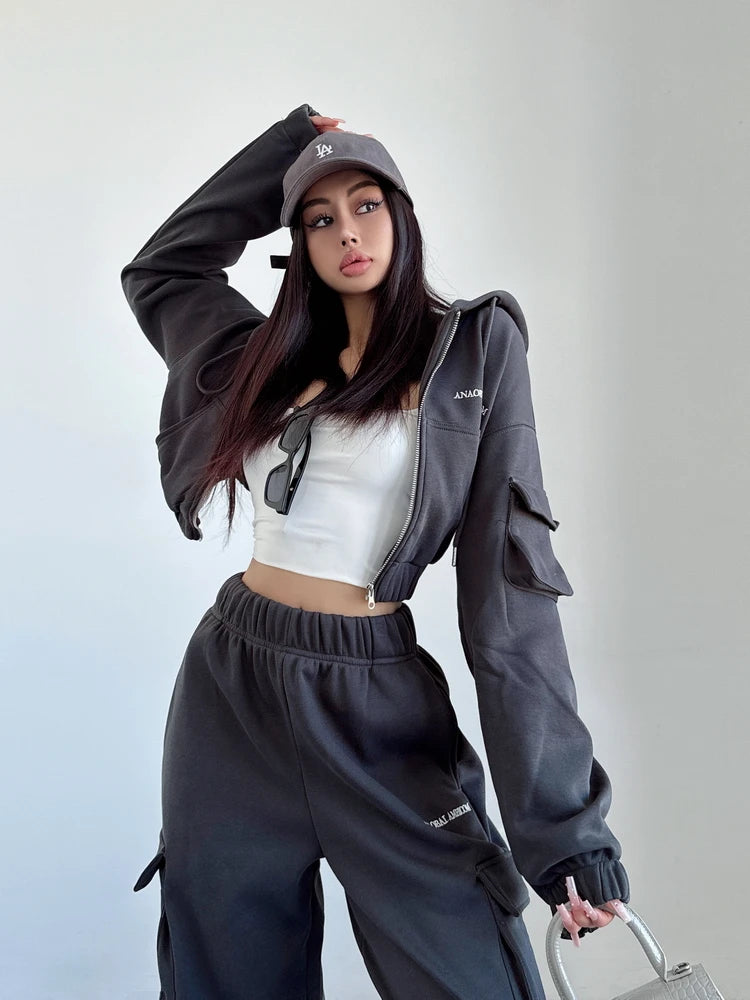 WOMENGAGA Short Zipper Sweatshirt Large Pocket Wide Leg Pants Two Piece Casual Plush Set For Winter Women Fashion Sweet 2PTB