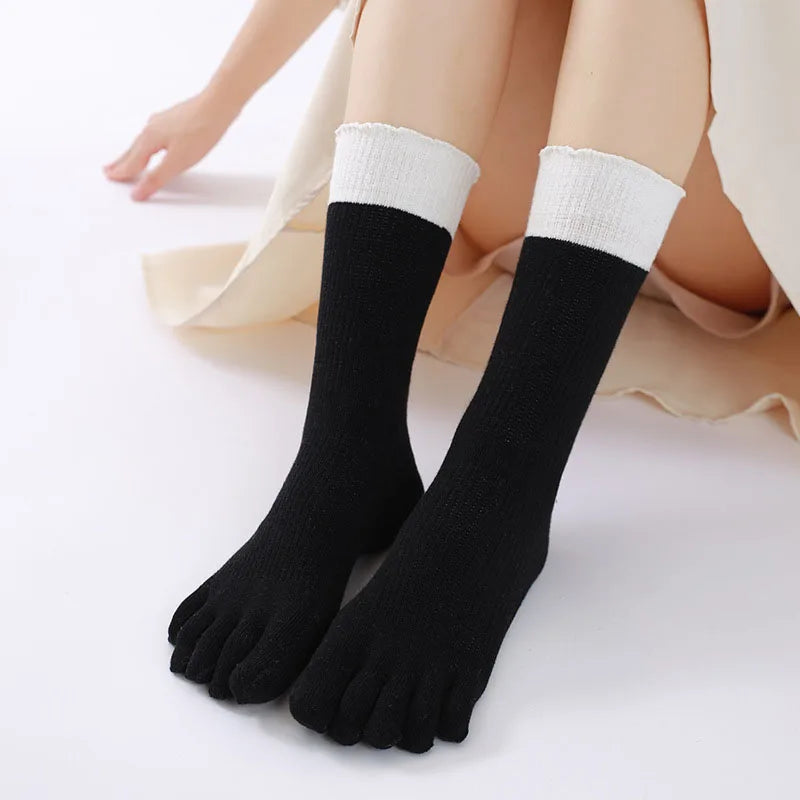 New Splicing Color Ruffle Edge Five Toe Socks For Women Sweet INS 5 Fingers Middle Tube Socks Soft Cotton Elastic Split Toe Sock