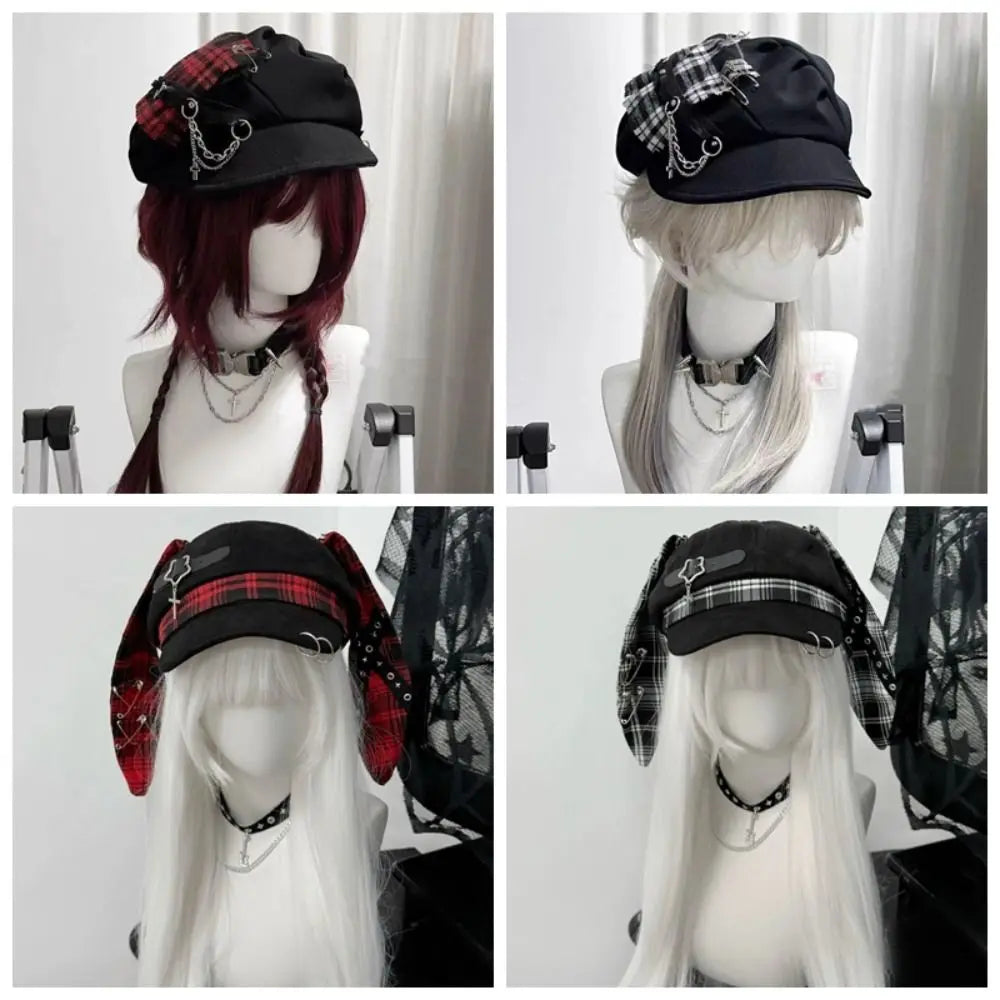 Sweet Rabbit Ears Plaid Beret Hat Irregular Thin Brim - Style A Red