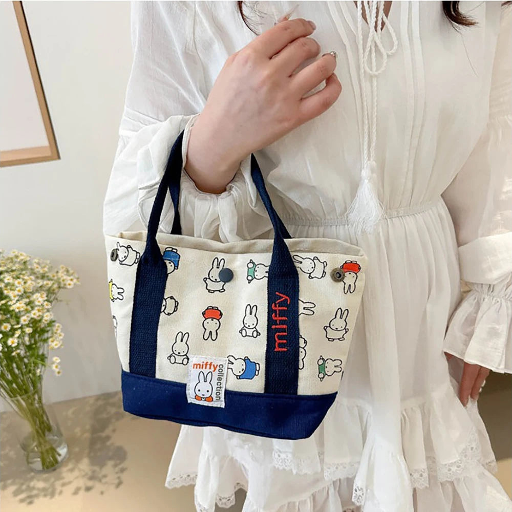 Kawaii Miffy Cute Handbag Cartoon Rabbit Canvas Embroidery Fashion Bento Multifunctional Storage Bag Girl Gift