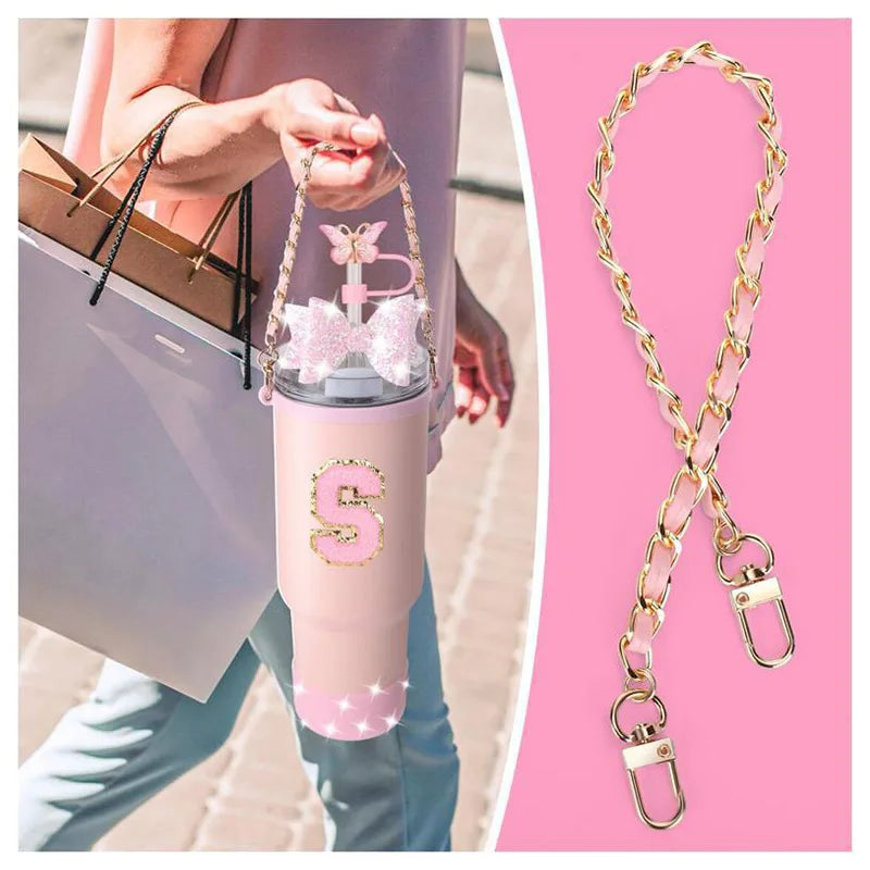 9PCS Set Bling Pink For Stanley Cup Cute Bow Letter Decoration 30oz 40oz Cup Spill Proof Stopper Keychain Handle Cup Accessoriy