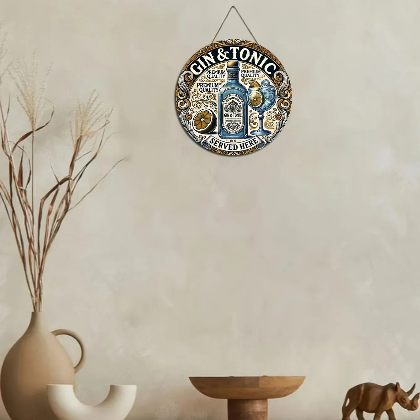 One 2D flat wooden circular sign with a retro style, "Gin and soda water are provided here" - country-style home wall decoration