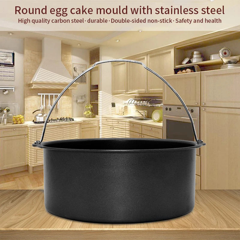 8-inch Round Hand-Held Nonstick Thickening Carbon Steel Air Fryer Cake Basket Baking Mold Barrel Household Baking Accessories