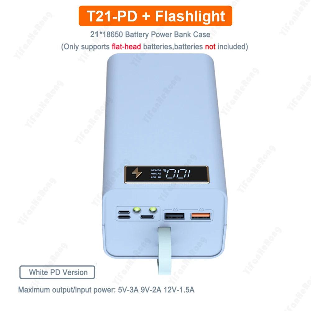 Dual USB 21*18650 Power Bank Battery Box Support Quick & Wireless Charger DIY Shell Case 18650 Battery Storage Box Holder