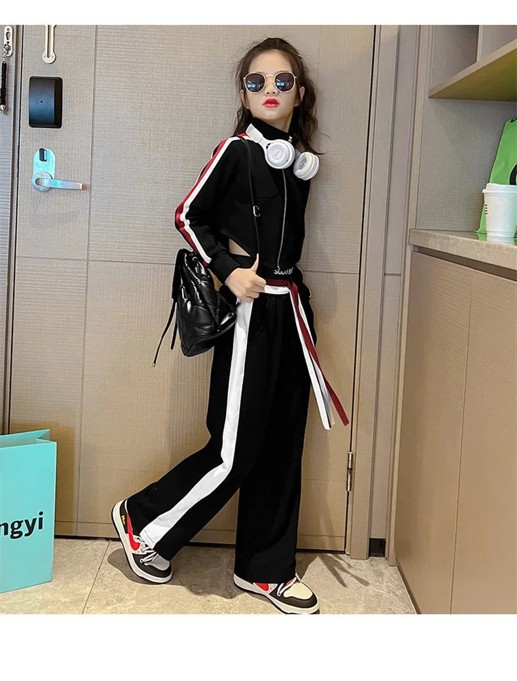 Spring Autumn Girl Striped Cropped Full Zip Sweatshirt+Loose Drawstring Sweatpant Set School Kids Tracksuit Child Outfit 3-16Yrs