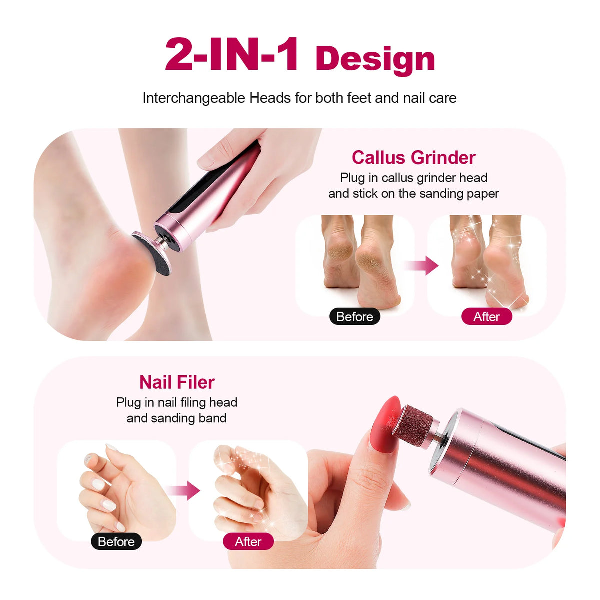 USB Rechargeable 2 in 1 Electric Foot Callus Remover Nail Grinder 9 Gear Pedicure Foot File Dead Skin Remover Foot Hand Care Beauty Tool