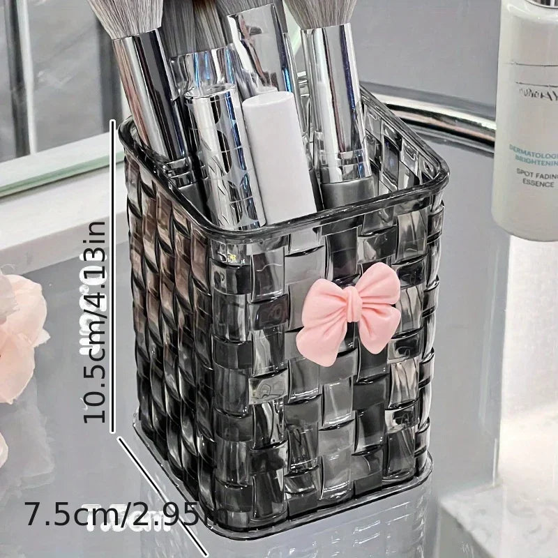 1pc Clear Acrylic Desk Organizer with Bow Accent-Durable Pen Holder and Storage Basket for Office Supplies,Pens,and Accessories