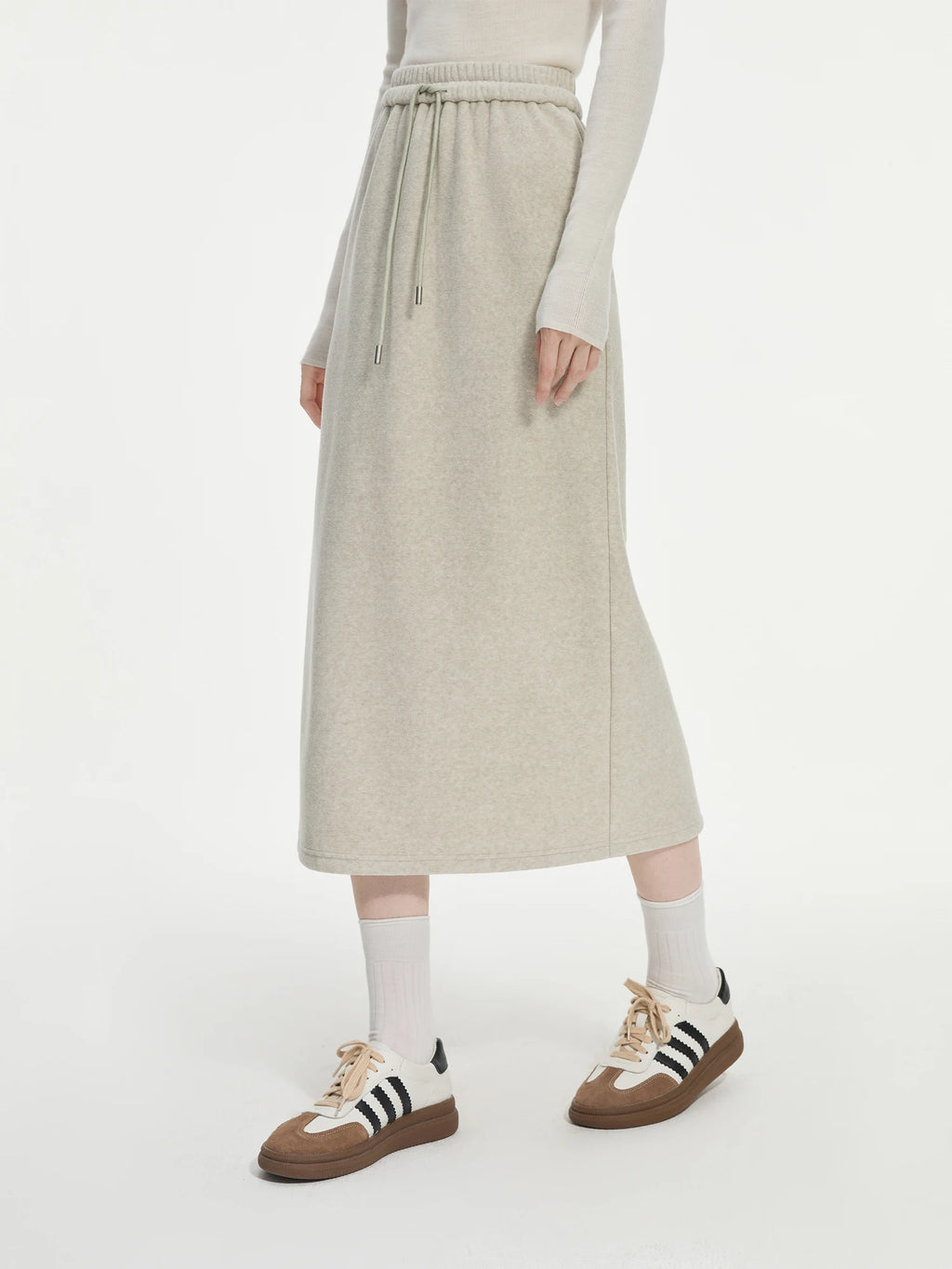 FSLE Women Sweatshirt Set Winter Thick Grey Commuter Sweatshirts Elastic Waist Long Spilt A-Line Women Skirt 24FS14491+24FS14492