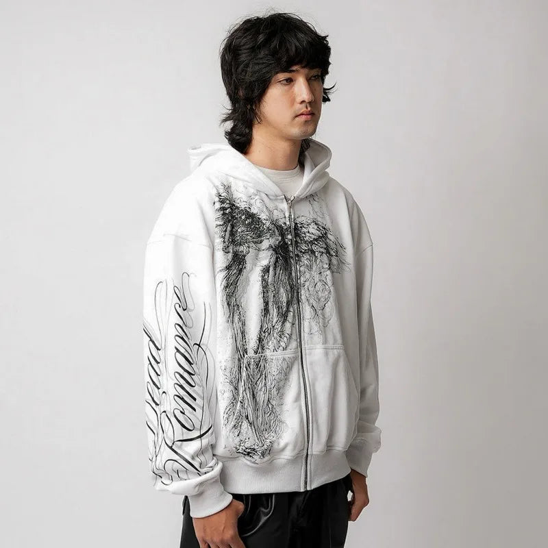 Y2k Obsessed Zip Up Hoodie Trendy Goddess Painting Couple Sweatshirt Harajuku Retro Hip Hop Streetwear Unisex Boxy Casual Hoodie