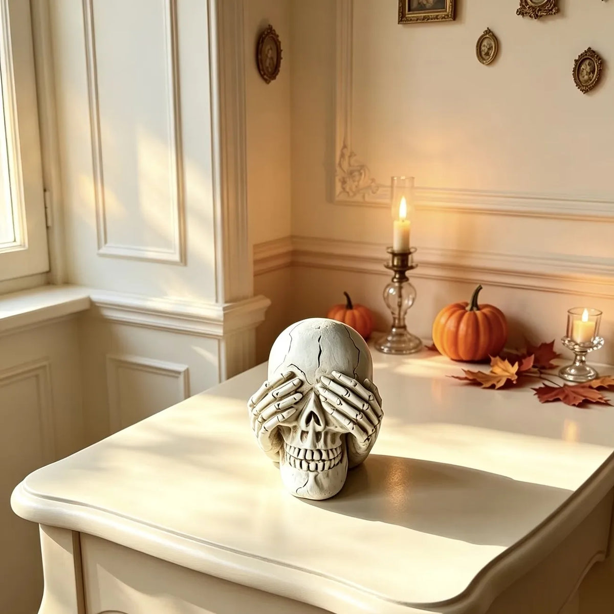 Resin skull figurine, replicating the classic poses of covering the mouth, ears, and eyes, perfect for Halloween decorations