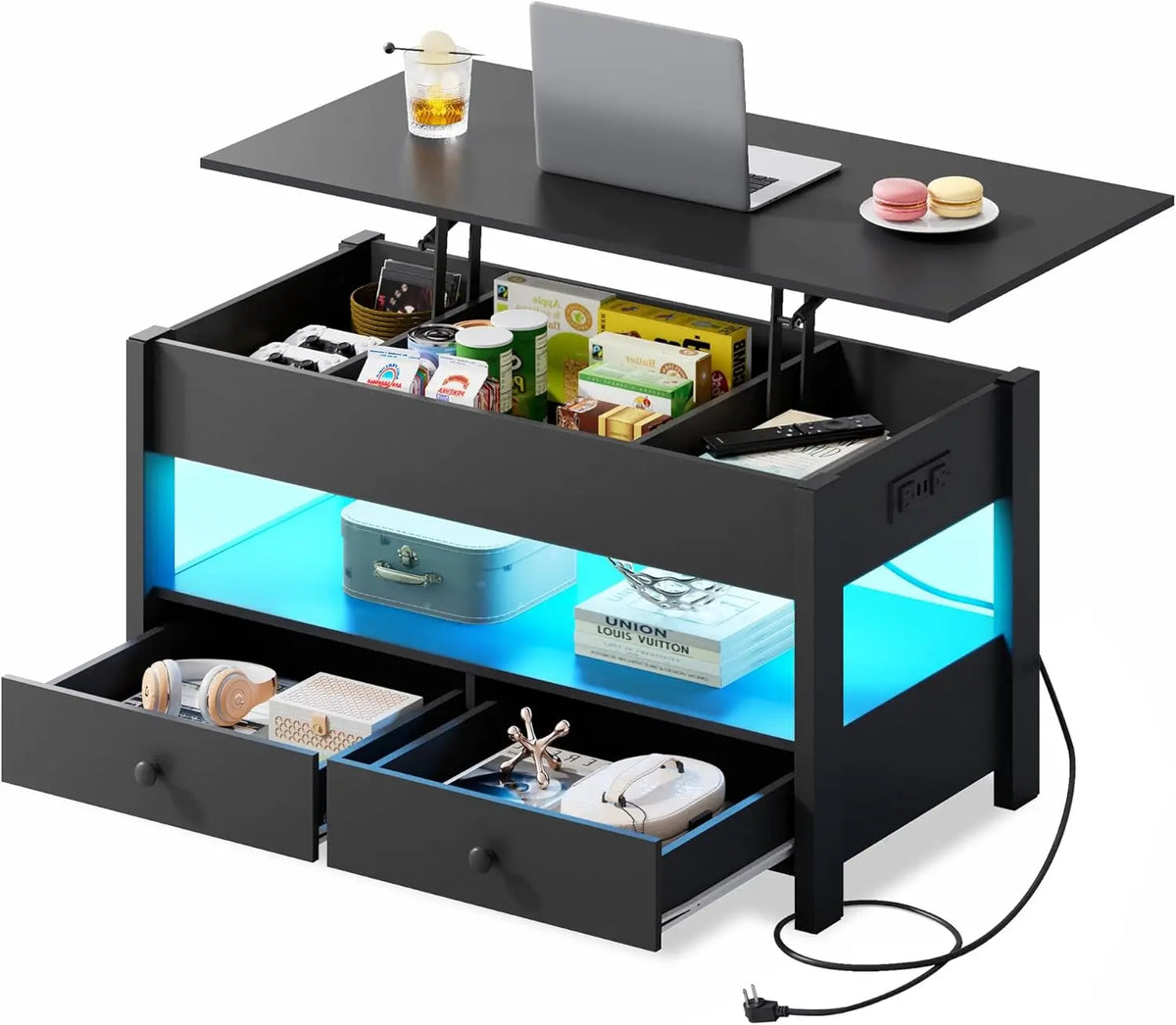 WLIVE Black Lift Top Coffee Table with 2 Drawers