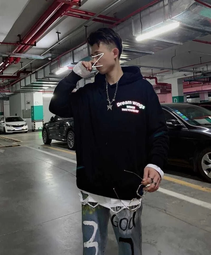 Reflective Male Hoodie Hip Hop Overfit New in No Brand Y2k Vintage Novelty and Simple 90s Tops Fleeced Men's Hooded Sweatshirt