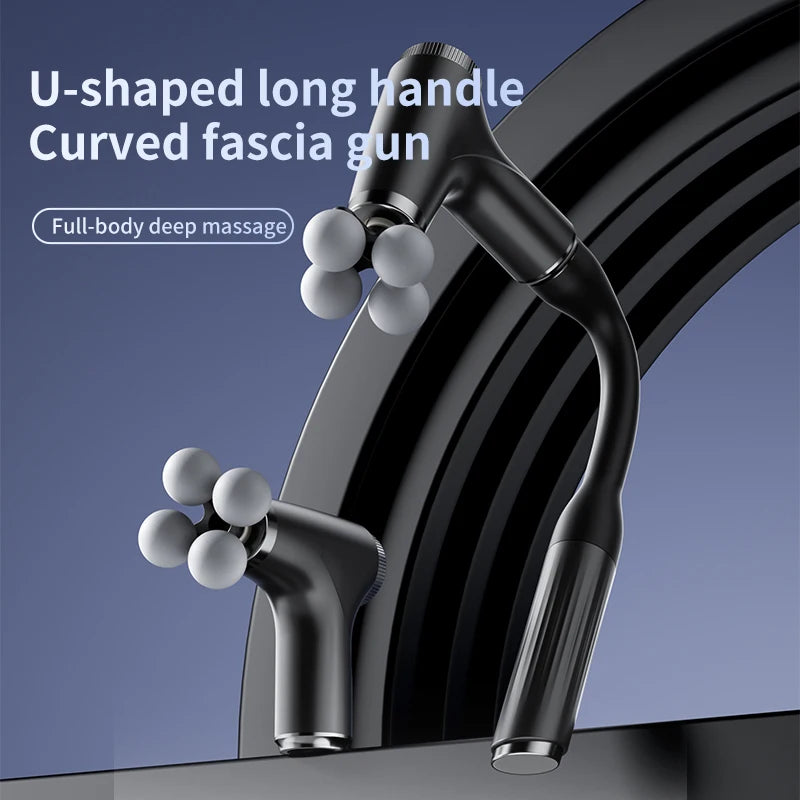 U-Shaped Long Handle Massage Gun, Ergonomic Deep Tissue Percussion for Back/Neck/Waist, 4 Heads & Adjustable Speed