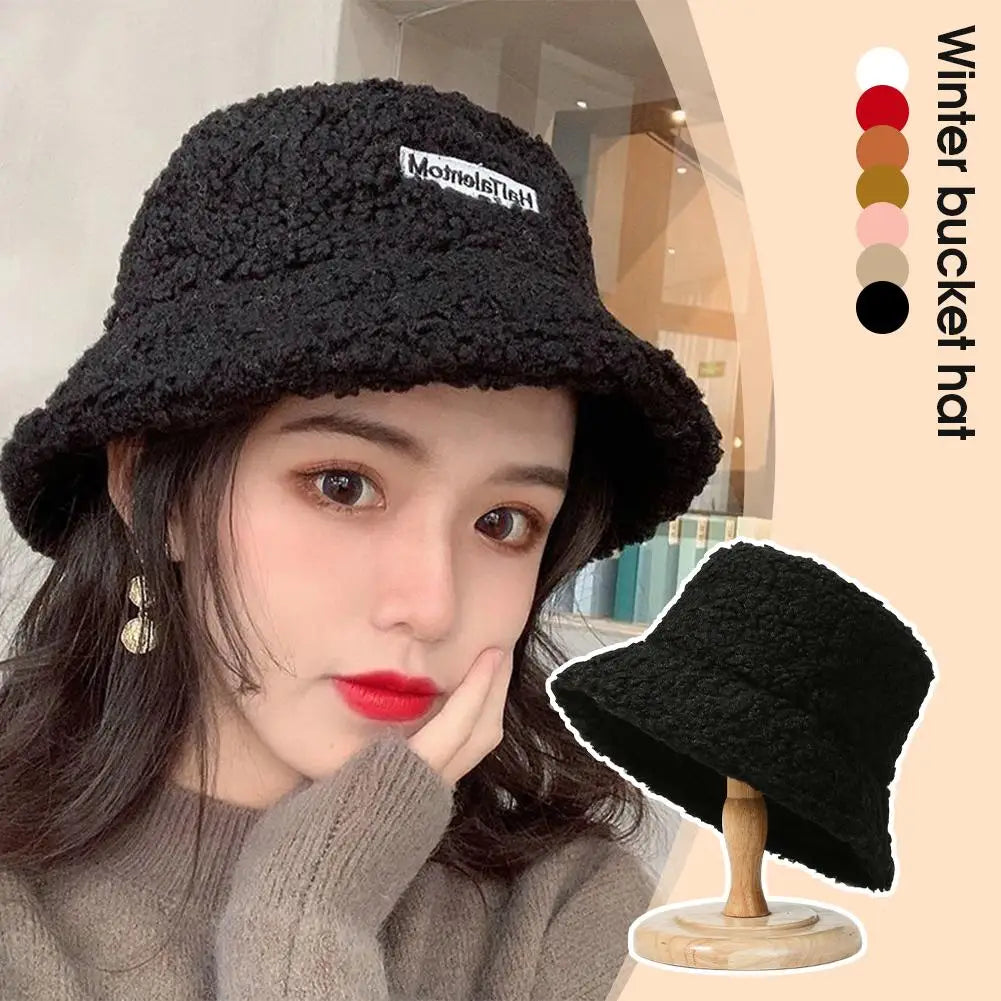 Korean Fisherman Hat Pure Color Warm Embroidered Letter Beanie Plush Light Weight Cap Unisex Casual Bucket Hat