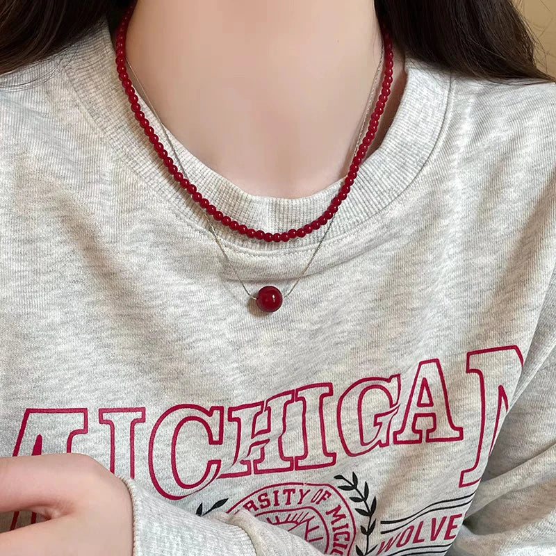Vintage Red Beaded Necklaces For Women Chinese Style Glass Beads Necklace Exquisite Elegant Choker Aesthetic Jewelry Accessories