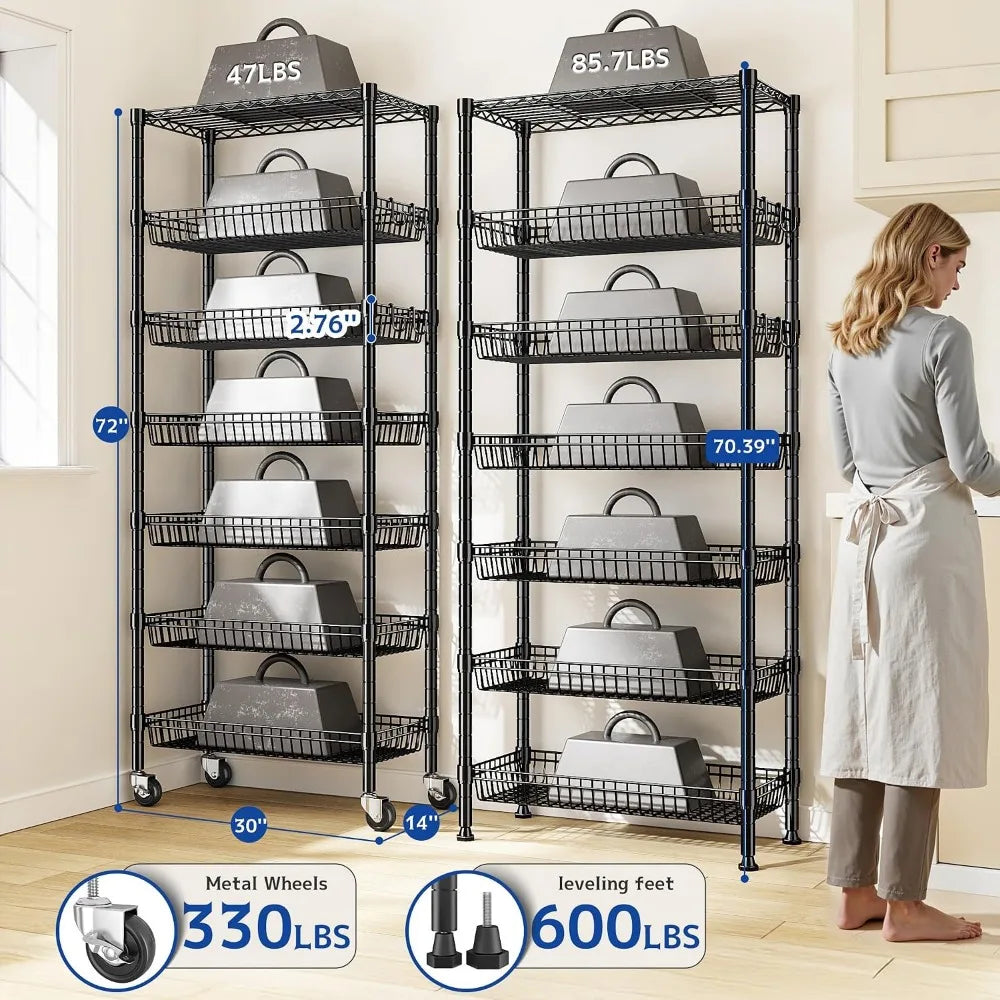 7-Tier Wire Shelving Unit with Basket Shelf &amp; Wheels