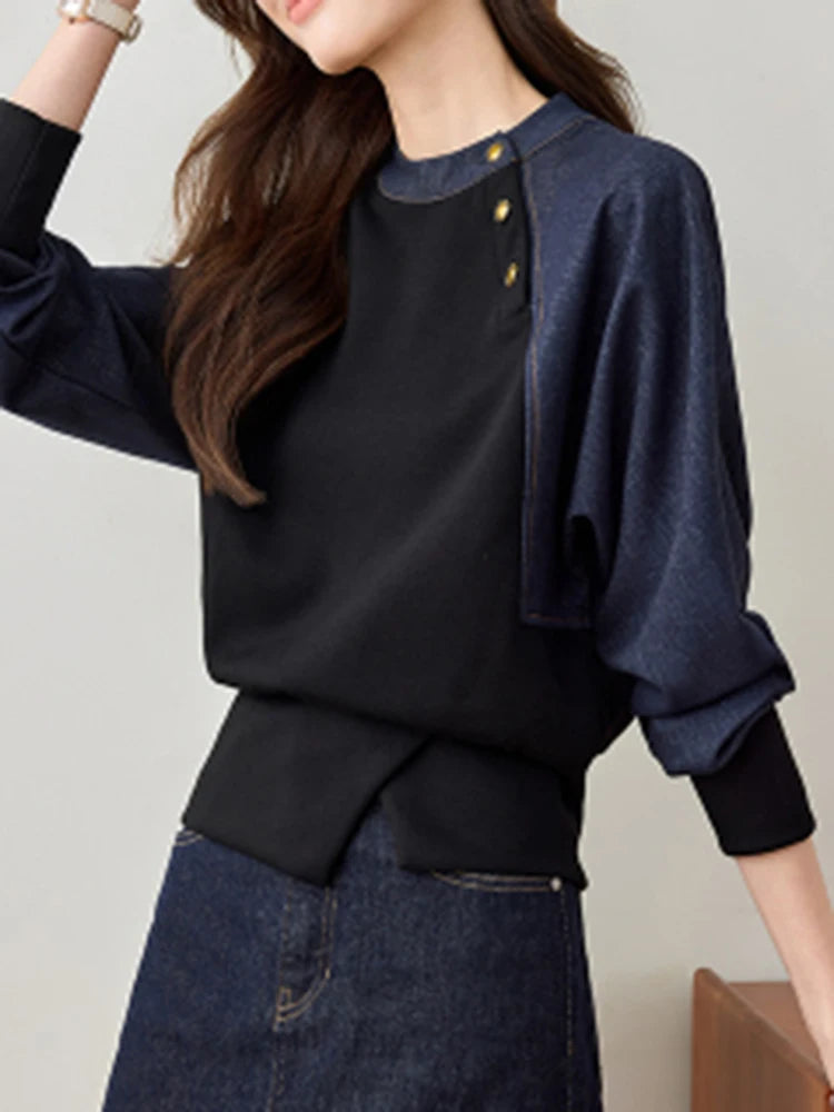 Aoaiiys Hoodies Women O Neck Button Decor Sweatshirt Contrast Color Spliced Pullovers Spring Autumn Vintage Casual Sweatshirts