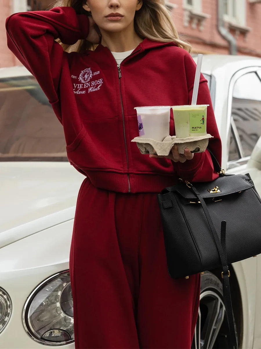Sumuyoo Short Zipper Hoodie Set Women's 2025 Autumn Winter Casual Sports Hoodie Sweatshirt Wide Leg Pants 2 Piece Set