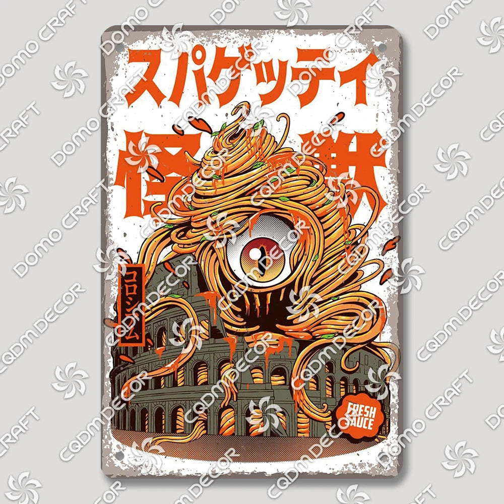 Cartoon Cat Japanese Food Plaque Tin Sign Retro Ramen Sushi Takoyaki Poster Metal Plates Bar Pub Restaurant Kitchen Wall Decor