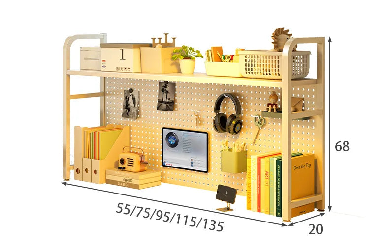 Iron Desktop Pegboard Bookshelf Multi Tier Desk Organizer Storage Shelf Student Computer Workstation Tidy Rack Cabinet Furniture