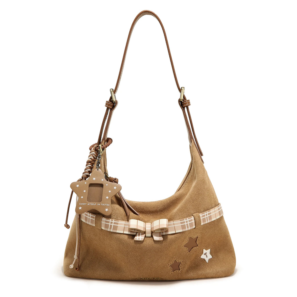 TOUTOU Y2K Bag Brown Plaid Bow Decoration + Cutout Star Pattern