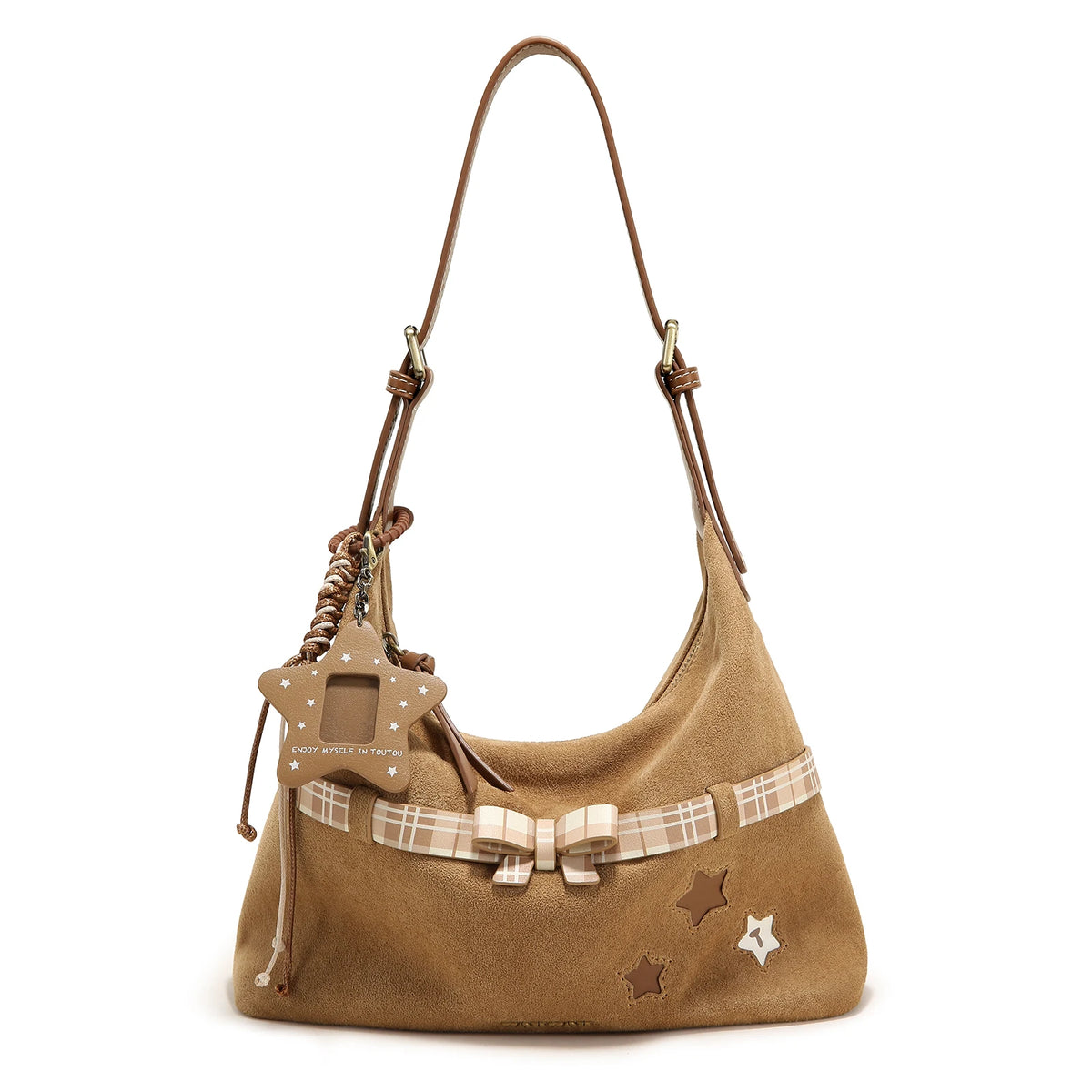 TOUTOU Y2K Bag Brown Plaid Bow Decoration + Cutout Star Pattern