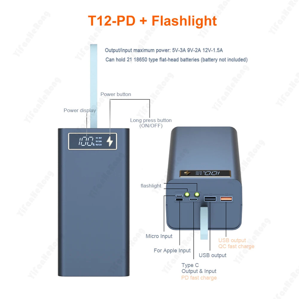 Dual USB 21*18650 Power Bank Battery Box Support Quick & Wireless Charger DIY Shell Case 18650 Battery Storage Box Holder