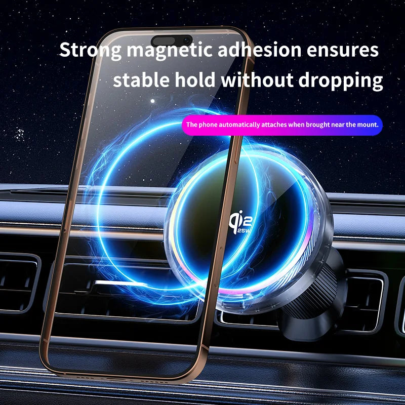 Air Cooling Car qi2 25W Magnetic Wireless Charger RGB Light  Phone Holder For Magsafe iPhone 17 16 15 14 13 12 Fast Charging
