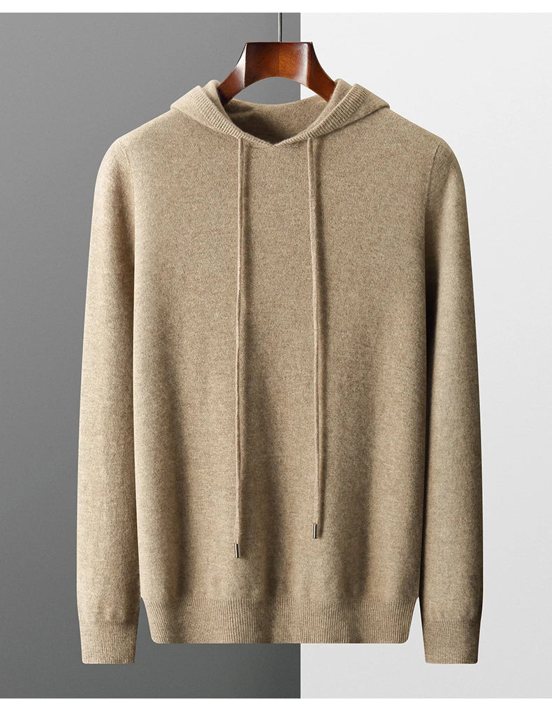 MVLYFLRT Men's 100% Merino Wool Sweater Hooded Collar Knitted Pullover Sweatshirt Autumn Winter Casual Large Tops Long Sleeved