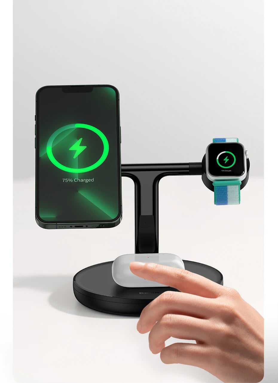 Baseus 3 in 1 20W Magnetic Wireless Charger Stand For iPhone 16 15 14 Pro Airpods Apple Watch Phone Fast Charging Station Holder