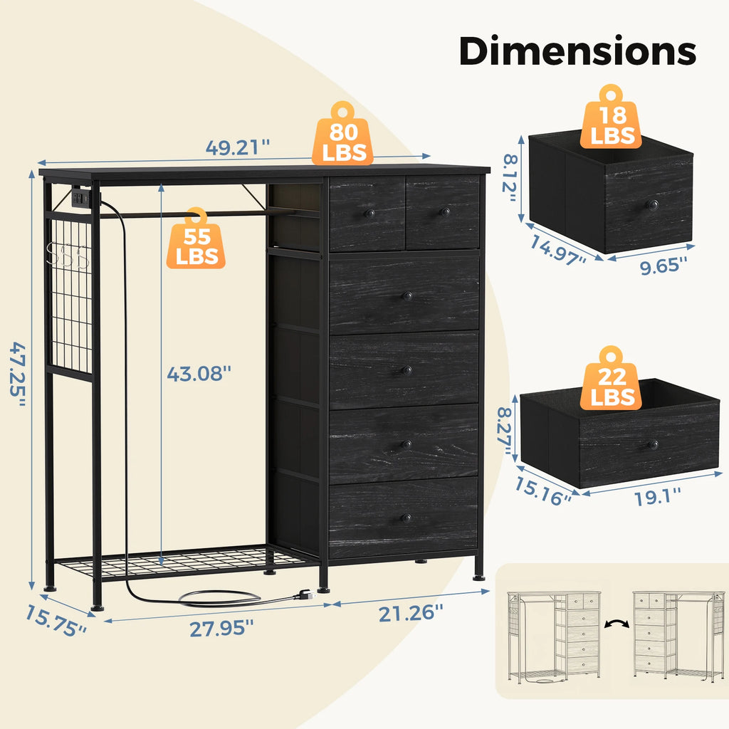 JHK 6 Drawer Fabric Dresser with Hanging Rack for Living Room