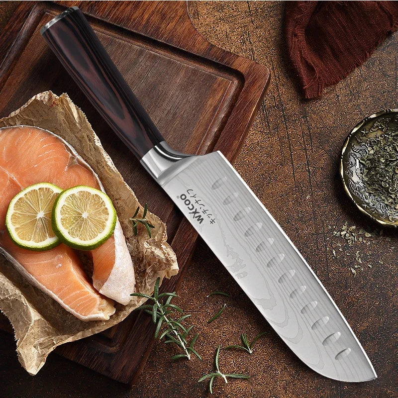 WXCOO Japanese Knife Set with Knife Bag Kitchen Knives Damascus Laser Fish Fillet Meat Cleaver Fruit Peeler Santoku Cutter