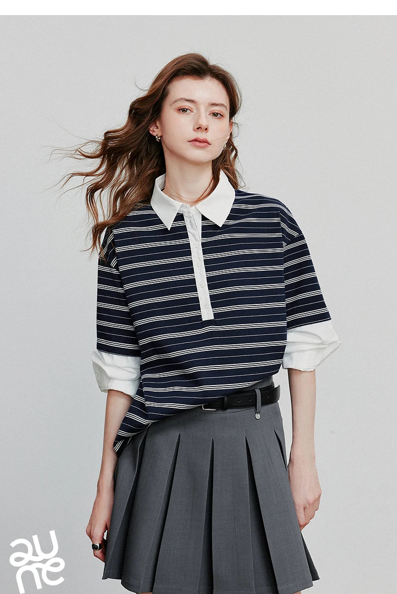 TOYOUTH Women Hoodies Sweatshirt 2025 Autumn New Spliced Fake Two Piece Polo Collar Striped Casual Pullover Tops