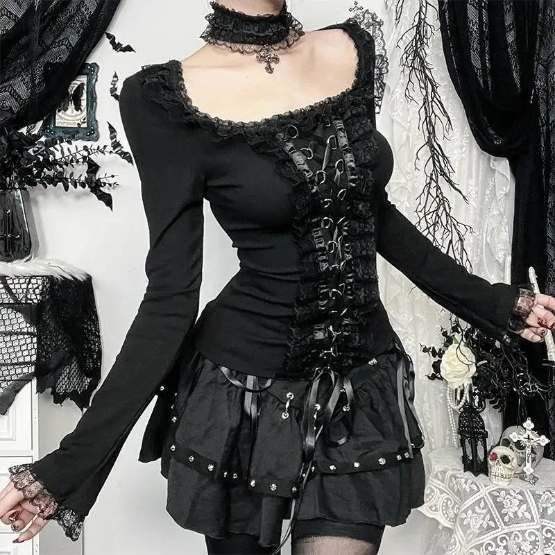 Harajuku Vintage T-Shirt Y2K Aesthetic Punk Lace Ruffle Long
