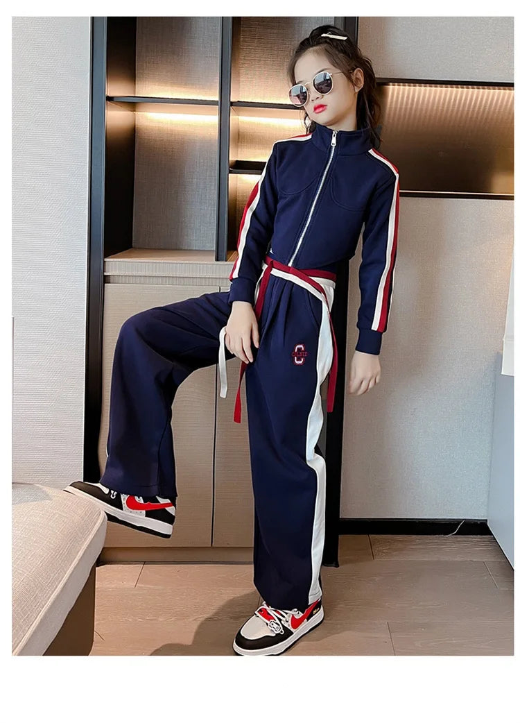 Spring Autumn Girl Striped Cropped Full Zip Sweatshirt+Loose Drawstring Sweatpant Set School Kids Tracksuit Child Outfit 3-16Yrs