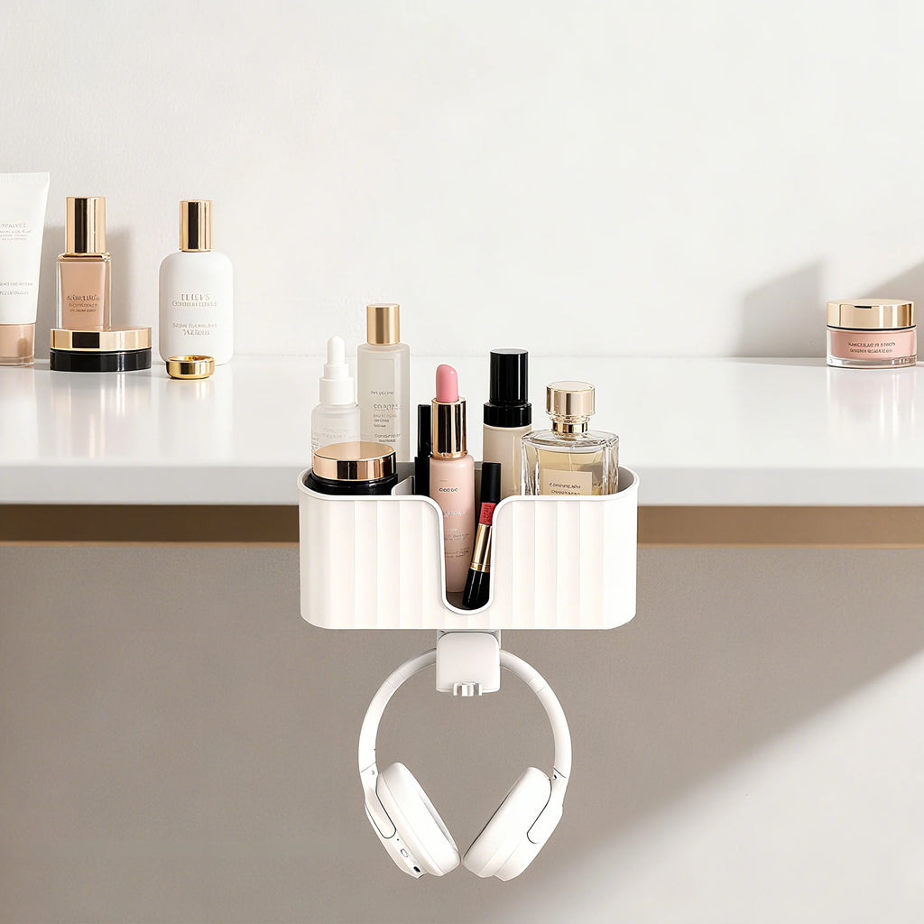 4-in-1 Desk Organizer - Under Desk Cup Holder and Headphone Hanger with 2 Wire Holes - Rotating Hanger，for Cup, Phone and Pen