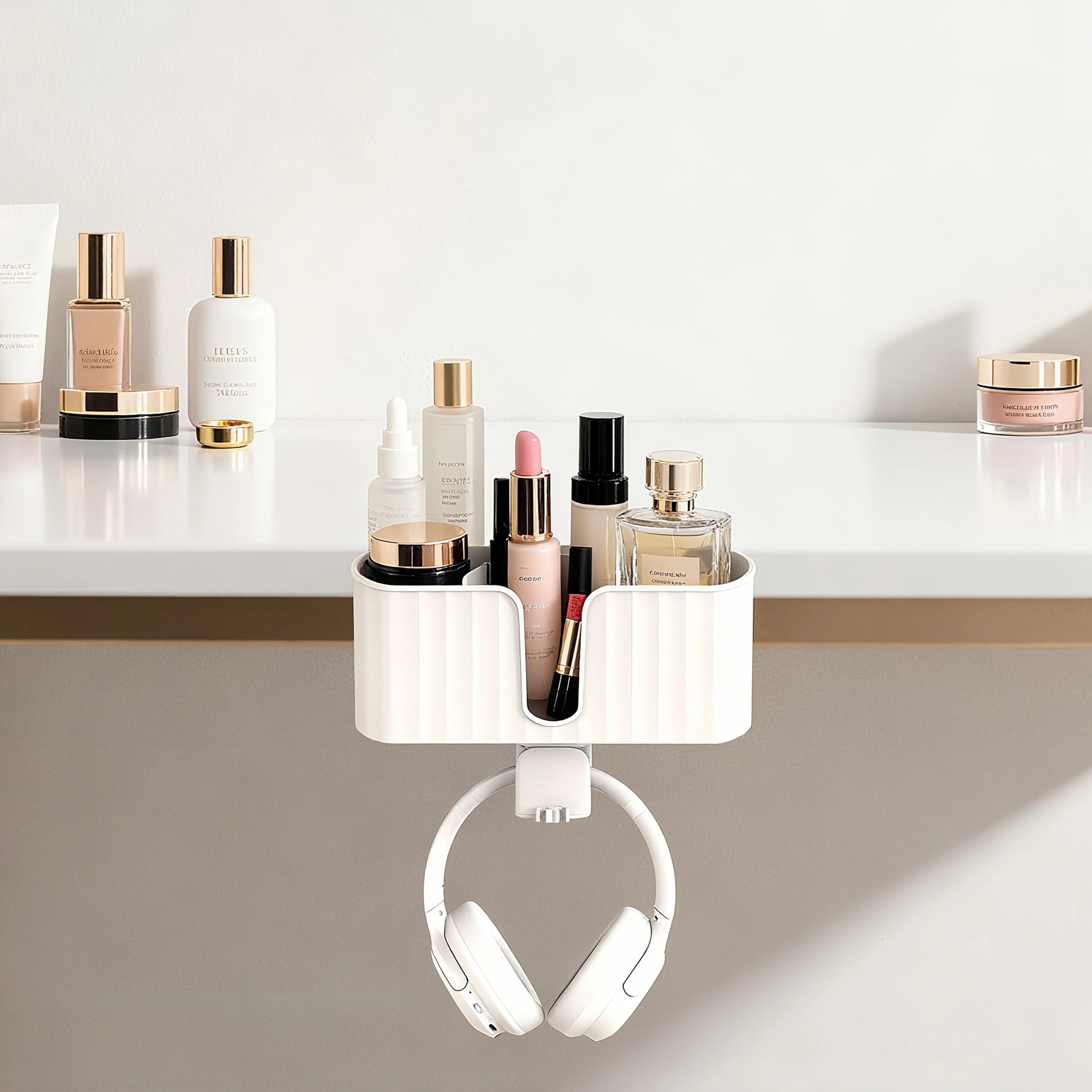 4-in-1 Desk Organizer - Under Desk Cup Holder and Headphone Hanger with 2 Wire Holes - Rotating Hanger，for Cup, Phone and Pen