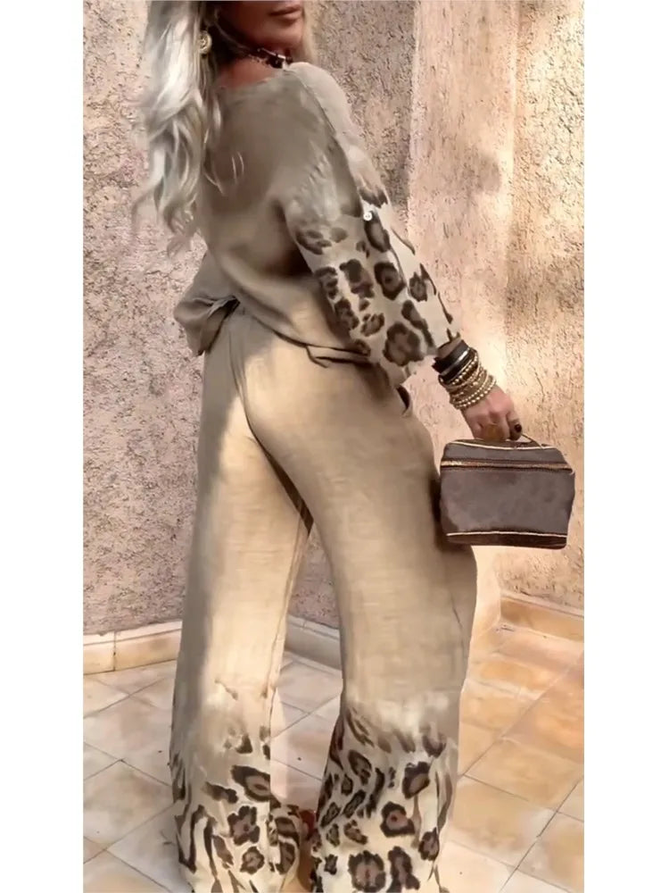 Fashion Leopard Print Set Lady Casual O Neck Three Quarter Tops+Wide Leg Pants 2 Pieces Set For Woman Holiday Womens Clothing