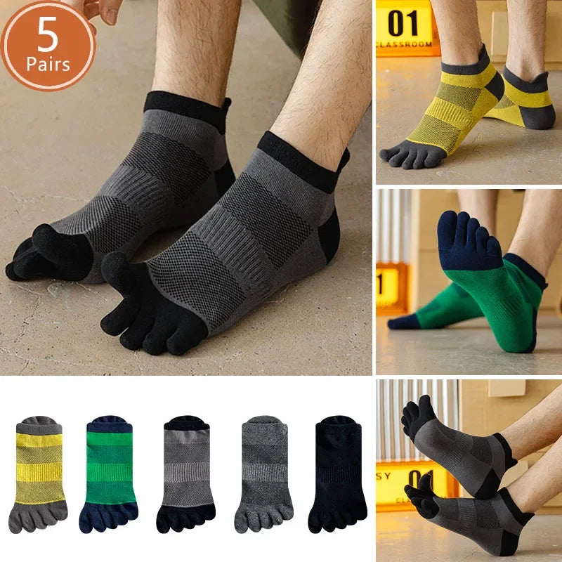5 Pairs Mans Five Finger Socks Cotton Ankle Mesh Compression Soft Elastic Endurable Breathable Sweat-Absorbing Toe Sport Socks