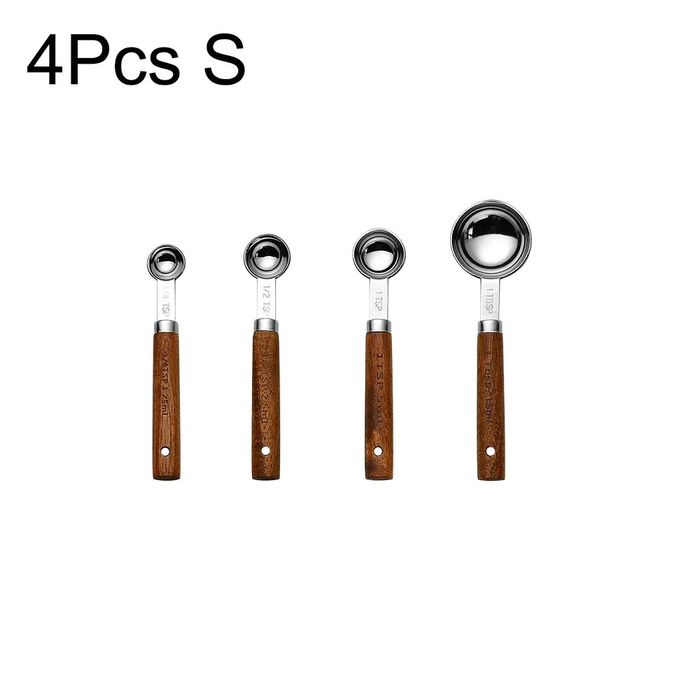 1/4Pcs Stainless Steel Measuring Cups and Spoons Set with Wooden Handles Multifunctional Baking Tool for Cooking and Baking