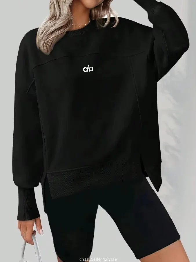 Women Autumn Winter Crew Neck Sweatshirt Long Sleeve Split‑hem