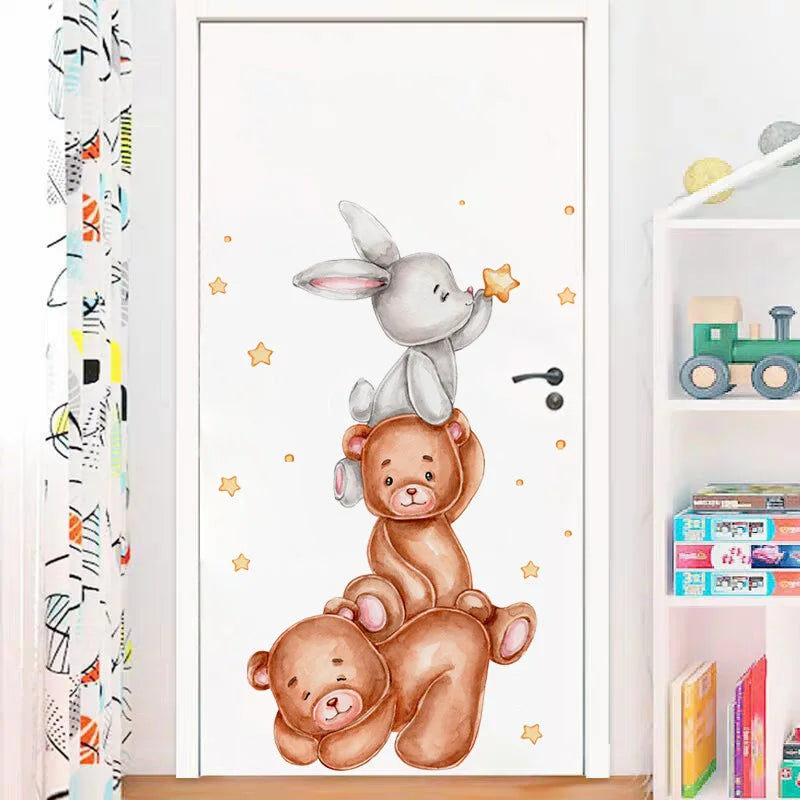 Cute Bear Moon Star Wall Stickers for Kids Rooms Girls Boys Baby Room Decoration Kawaii Cartoon Animal Nursery Wallpaper Vinyl