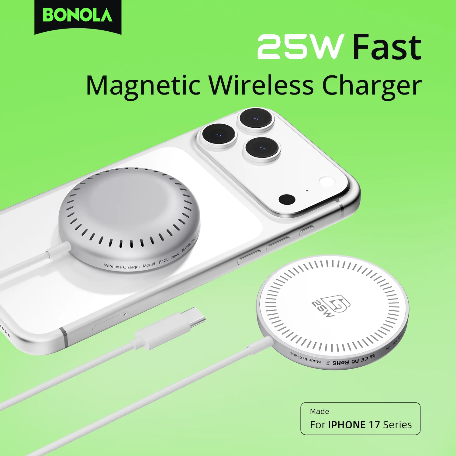 Bonola Magnetic Wireless Charger for iPhone Air/17/17Pro/17Pro Max 25W Fast Wireless Charging with Type C Cable for 16 Pro Max